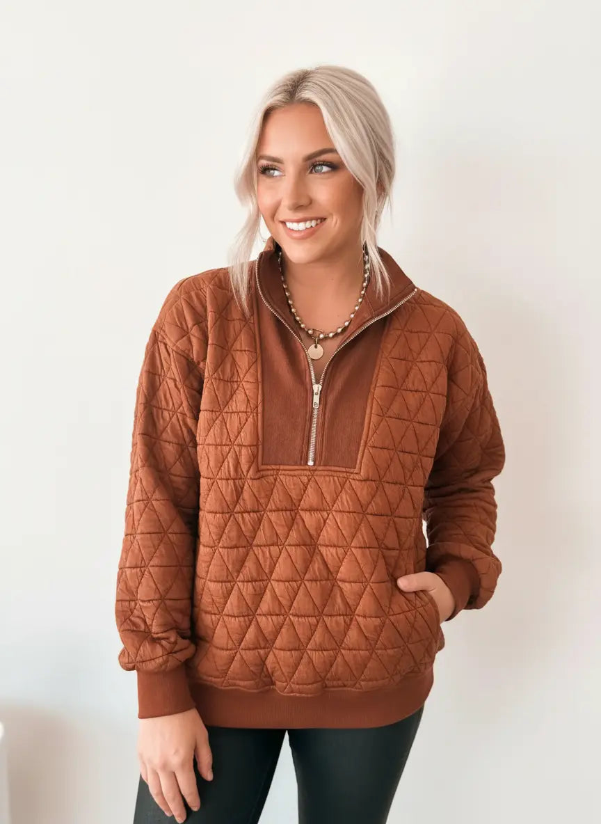 Geometric Quilted Half-Zip Sweatshirt – Cozy & Chic