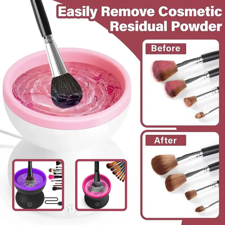 Makeup brush cleaning station with pink water and brushes, before and after cleaning images.