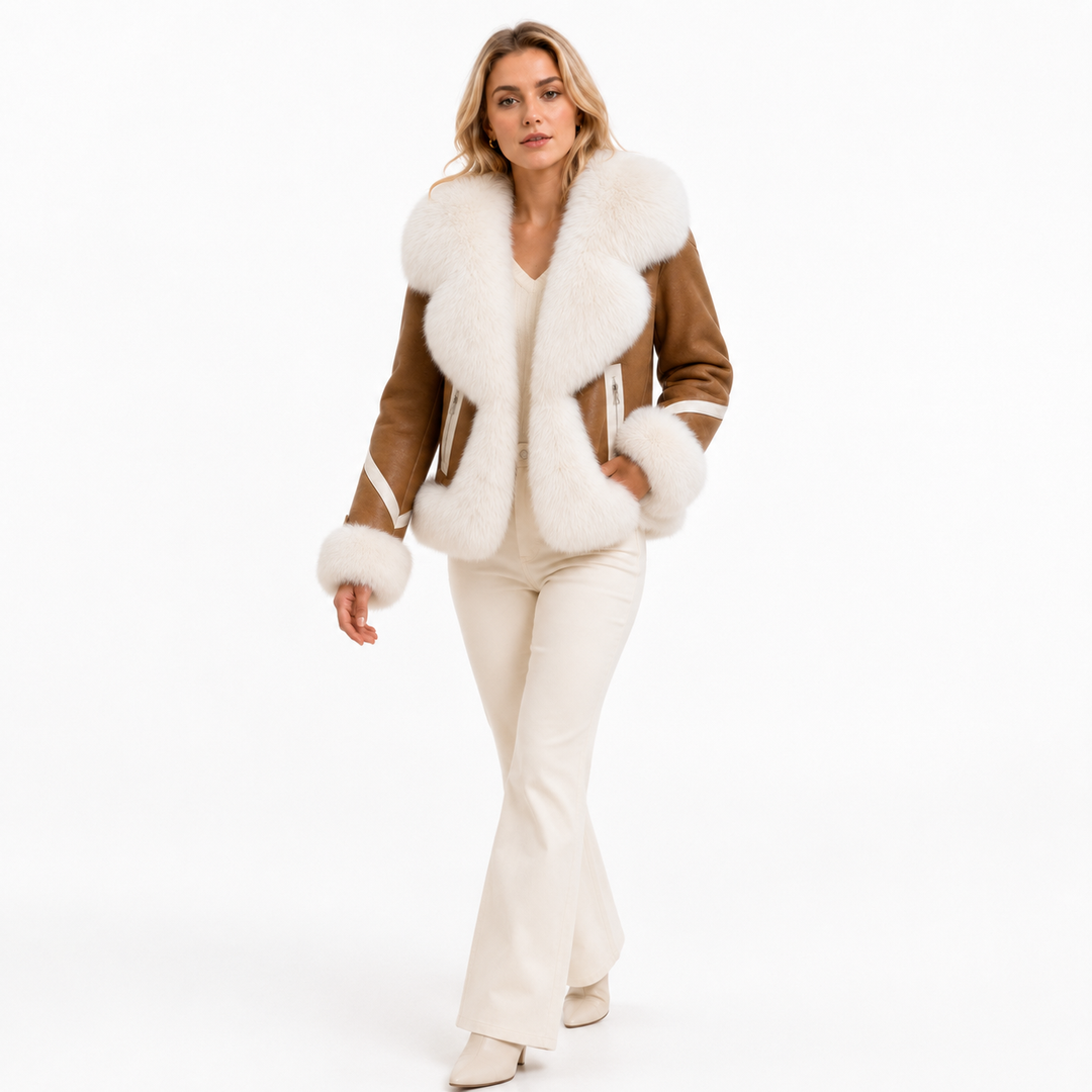 Camel faux fur coat for women with a fur collar, conventional sleeves, thick cotton backing, and polished short winter shape.
