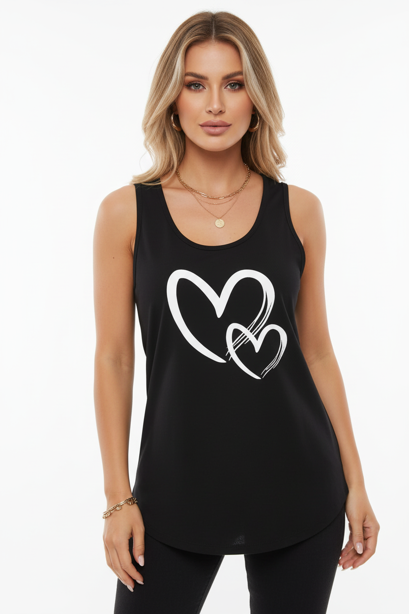 Front view of a casual heart print tank top with soft stretch fabric and clean crew neckline