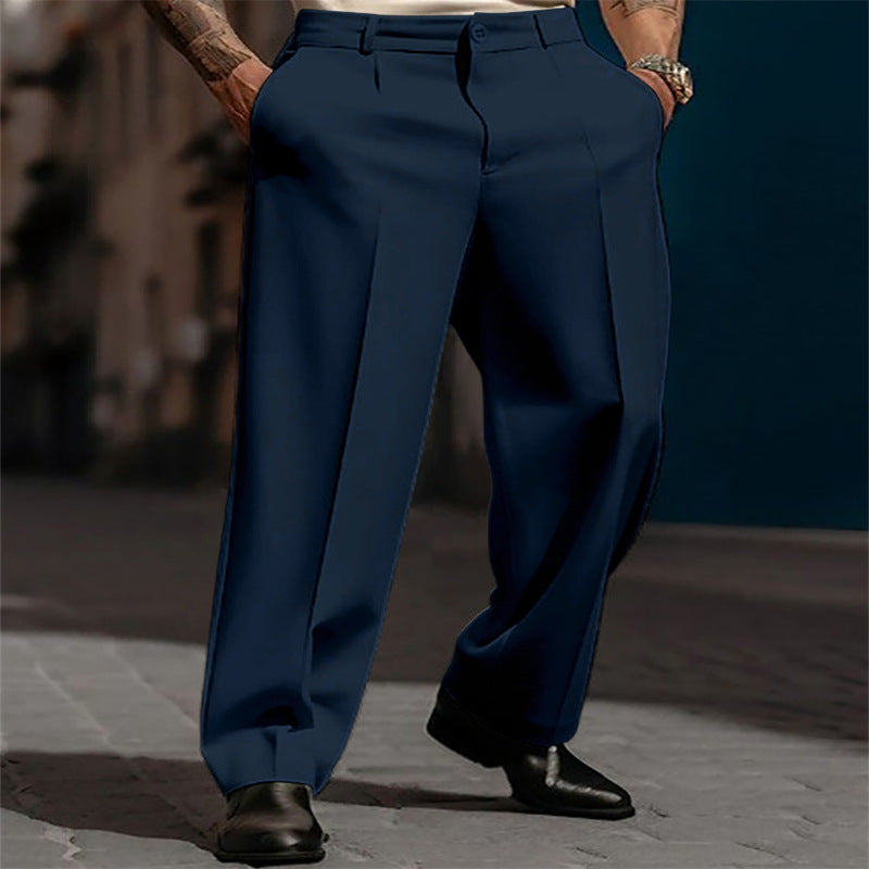 "men's polyester suit pants diagonal pocket detail close-up breathable straight leg construction"
