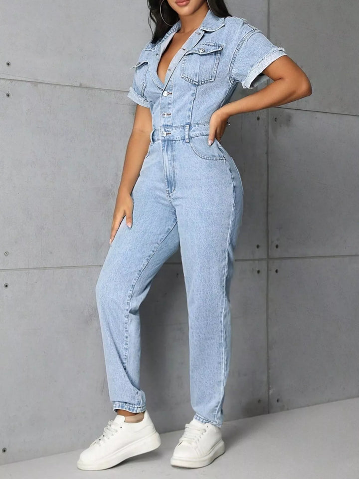 denim jumpsuit with short sleeves and pockets
