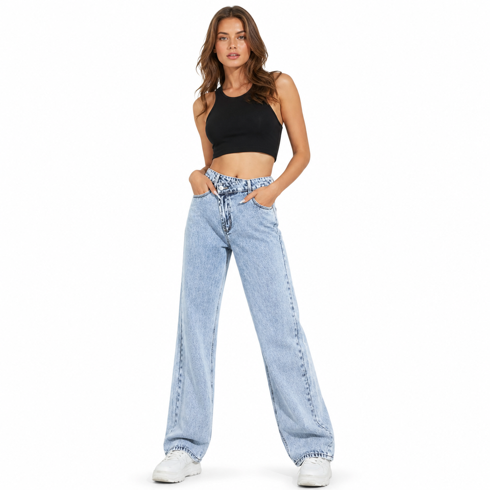 Wide leg jeans for women in light blue denim with crisp waist and straight drape
