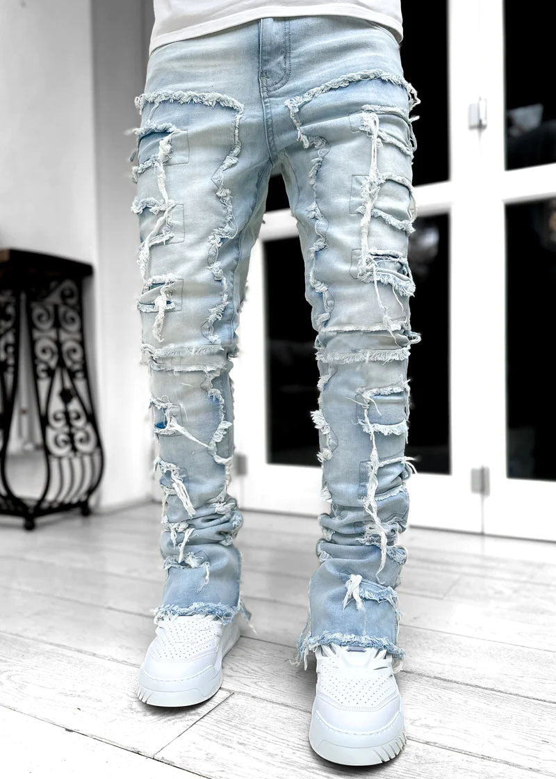Men's Stacked Jeans - Ripped Fringe, Patched Style Pros