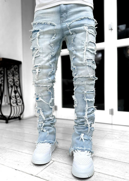 Men's Stacked Jeans - Ripped Fringe, Patched Style Pros