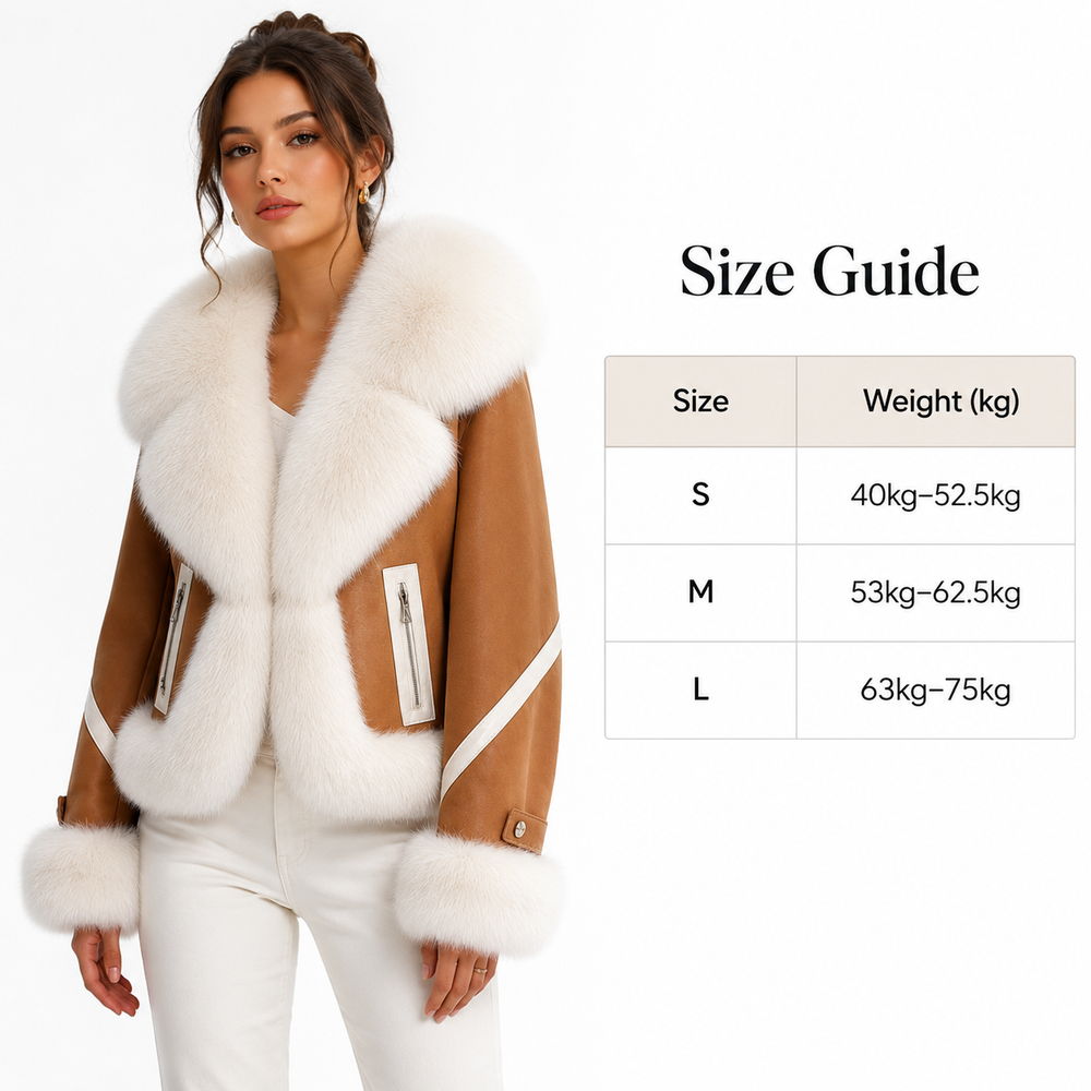 A woman wearing a tan shearling-style jacket with a large white fur collar and cuffs, shown beside a size guide table listing sizes S, M, and L with weight ranges. The background is plain white.