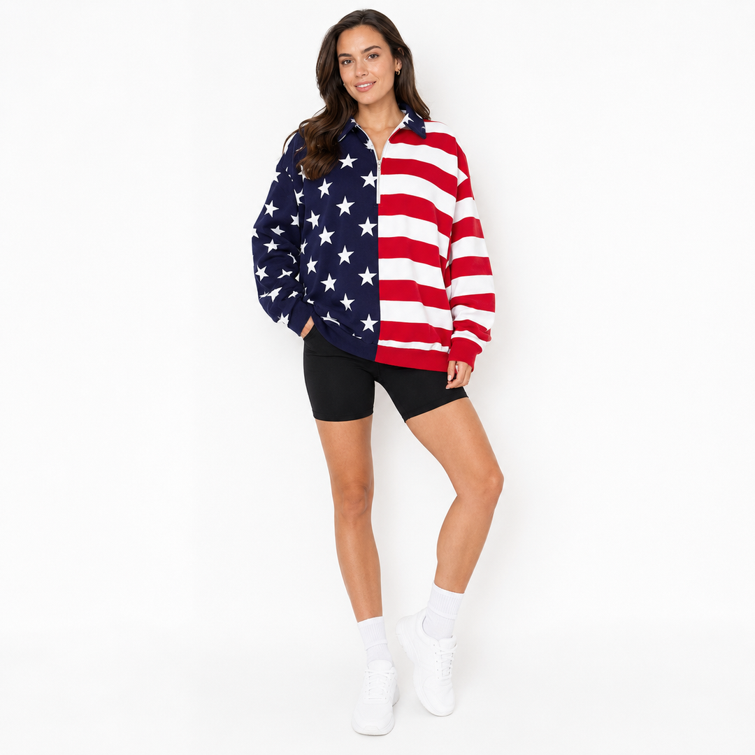 American flag print sweatshirt styled with black biker shorts for a casual coffee run outfit.