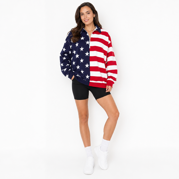 American flag print sweatshirt styled with black biker shorts for a casual coffee run outfit.