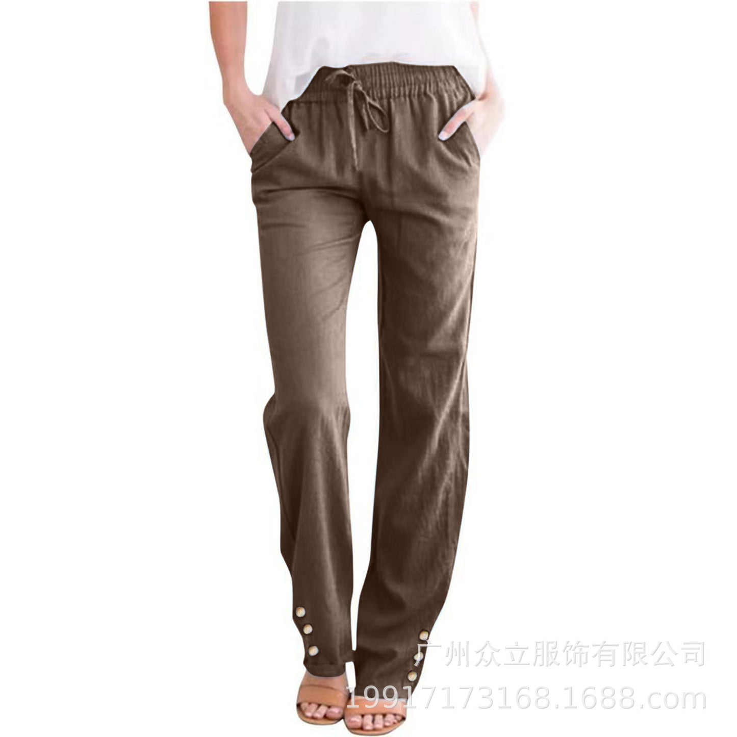 Women’s Cotton Linen Wide-Leg Trousers–Drawstring Pants