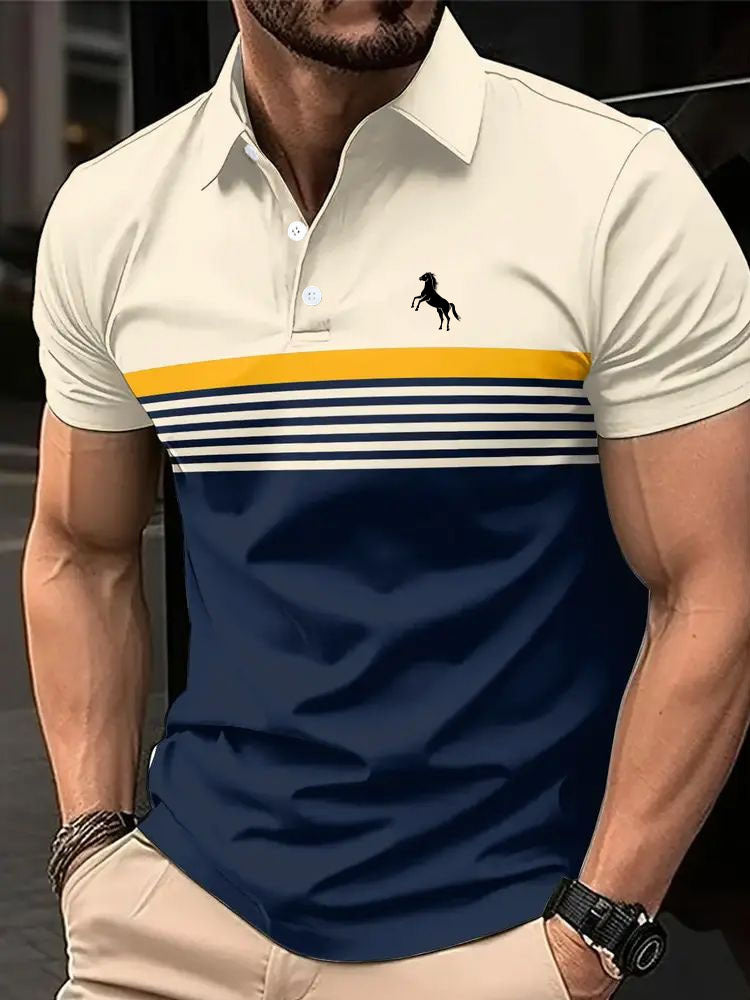 Man wearing a polo shirt with a horse logo on a blurred background