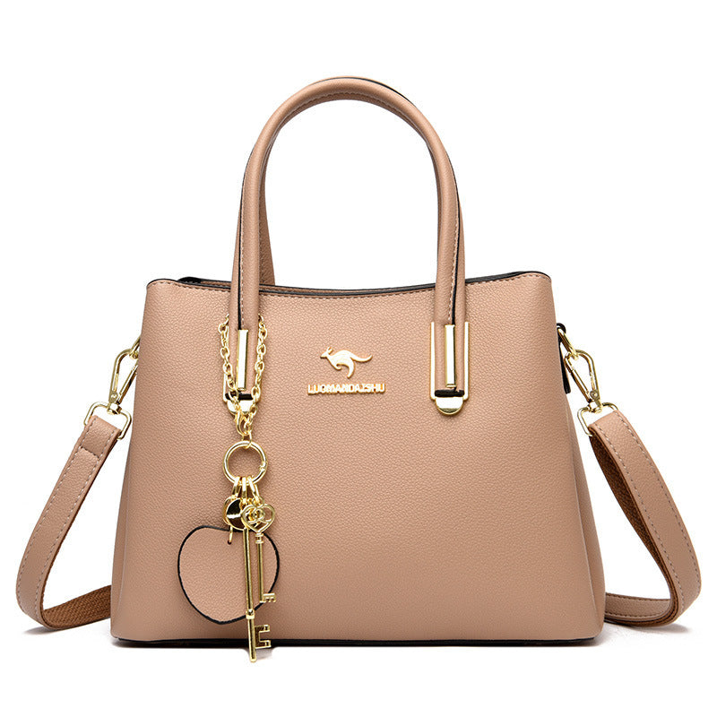 Large capacity women's beige lychee texture handbag