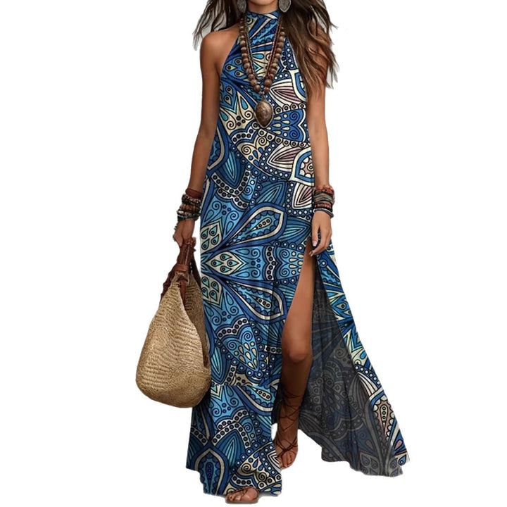 Teal halter neck long dress with relaxed shape, statement necklace and travel-ready styling for casual sunny occasions