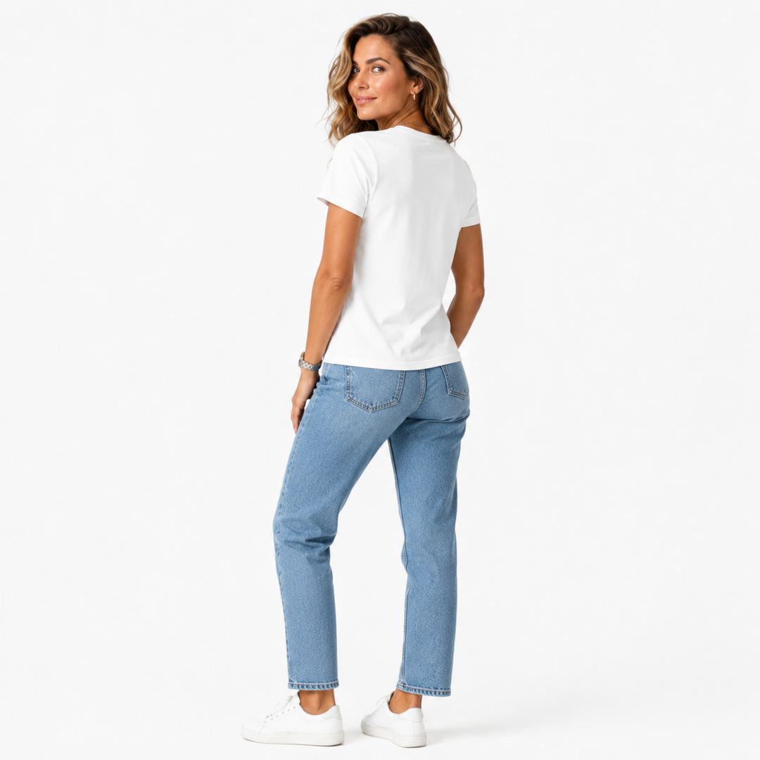 Women graphic tee with statement Karma print, white polyester fabric, crew neckline, and relaxed plus-size silhouette styles.