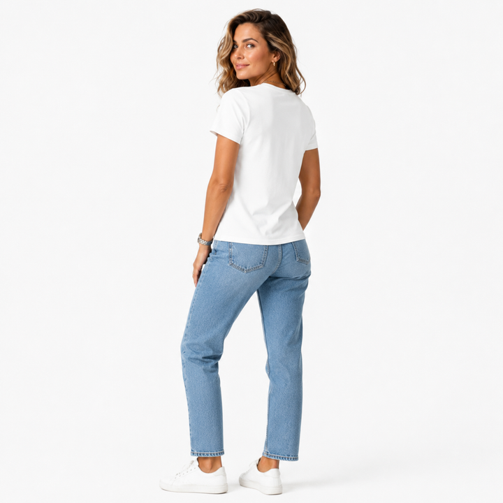 Women graphic tee with statement Karma print, white polyester fabric, crew neckline, and relaxed plus-size silhouette styles.