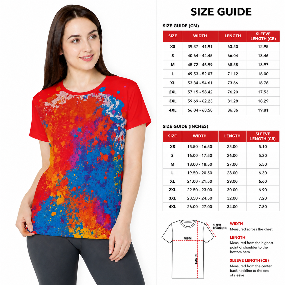 Colorful womens athletic jersey top with red base, blue orange splatter graphic, and lightweight polyester fabric for motion.