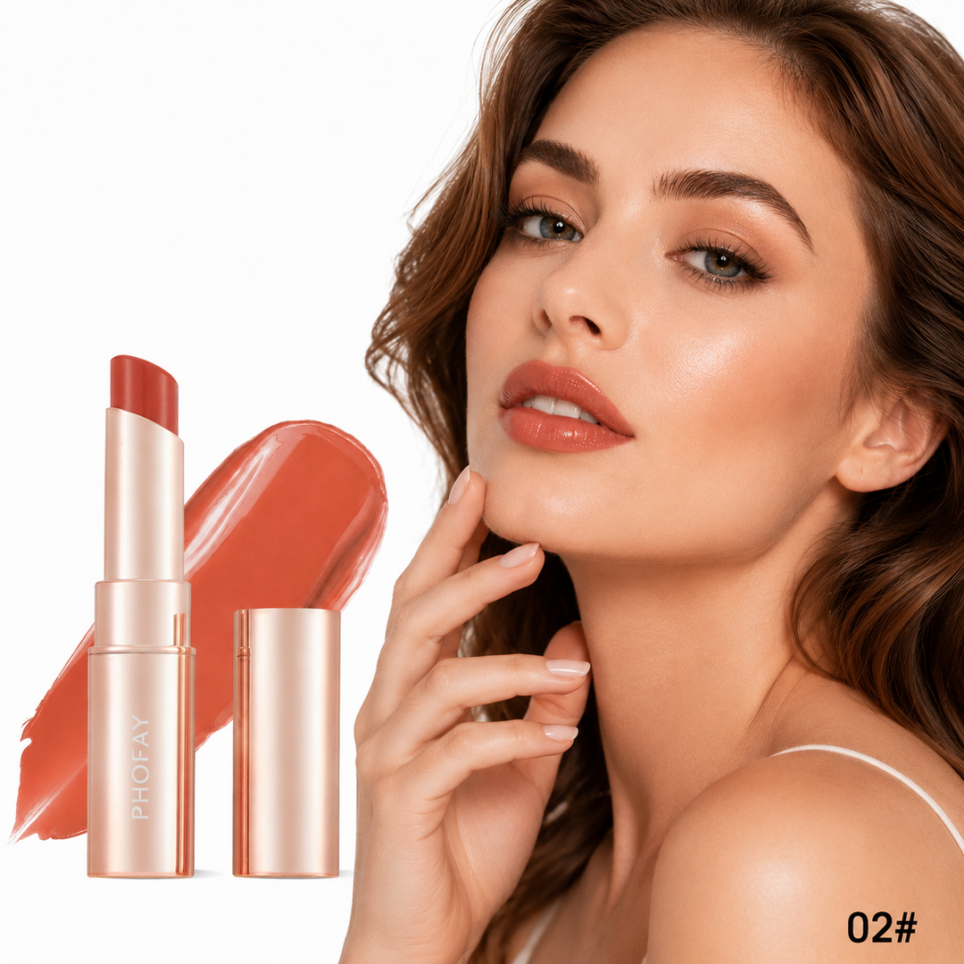 Hydrating PHOFAY lipstick in rose gold packaging for polished everyday makeup