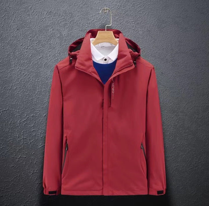 Red jacket with hood and front zip pockets