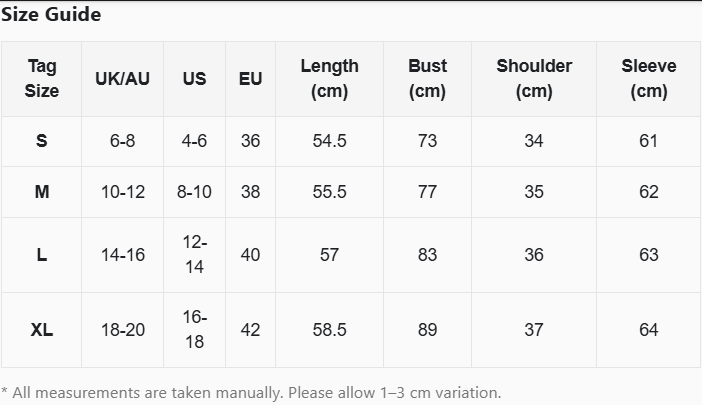 Size guide chart for clothing with measurements in centimeters