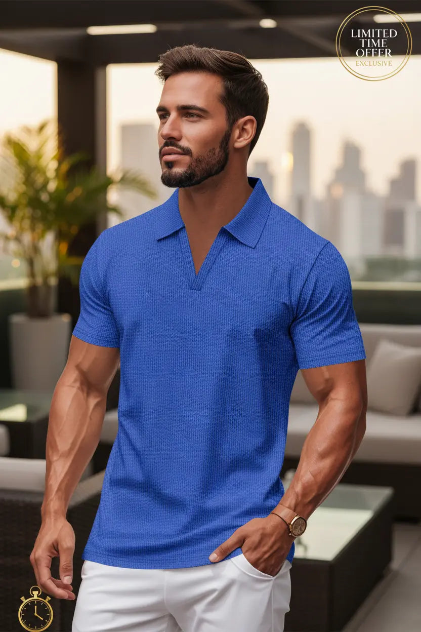 v neck polo men light gray breathable waffle fabric front view