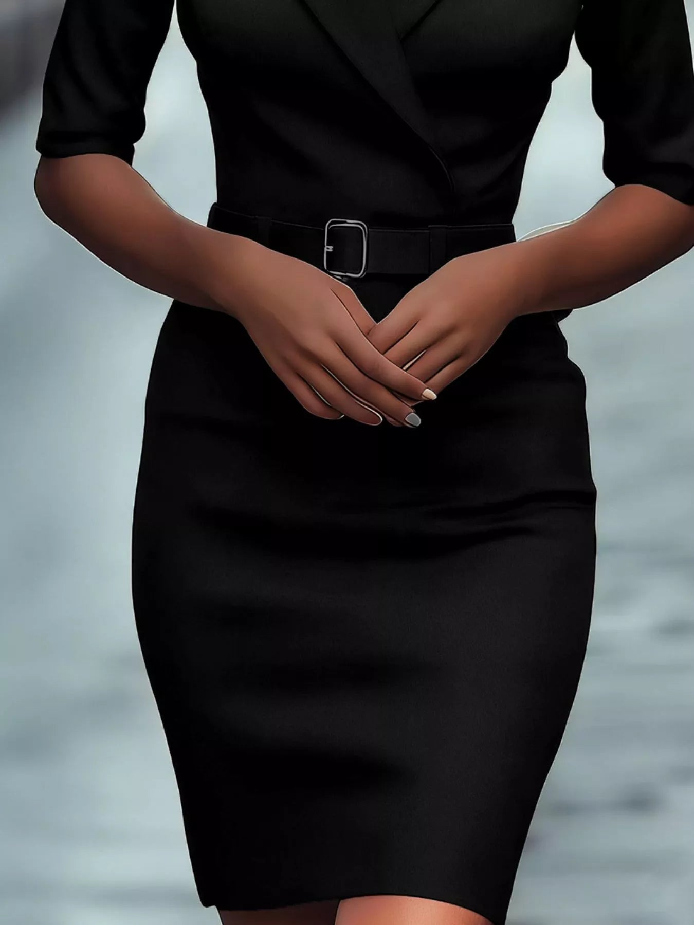 Surplice half sleeve dress front view, V-neck wrap bodice and belted waist for slimming effect, versatile occasion dress
