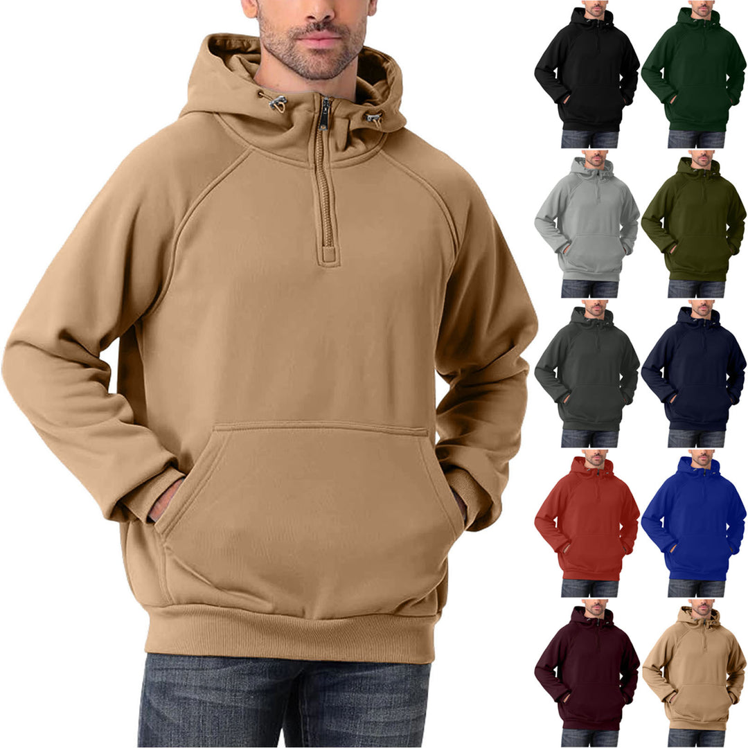 Man wearing a tan hoodie with multiple color options displayed below on a white background