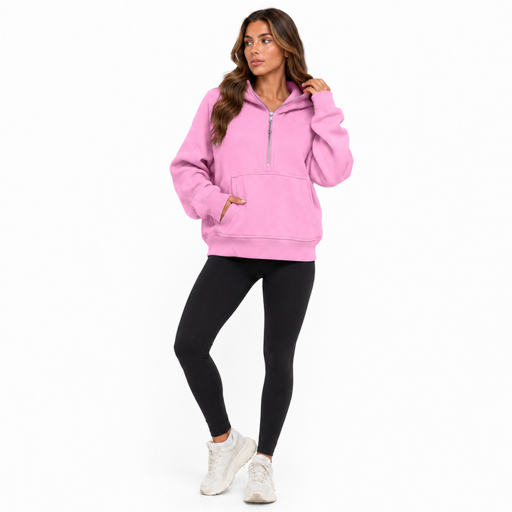 Women zip hoodie with pockets in solid color, loose fit polyester layer for casual fall and winter outfits in cold season now