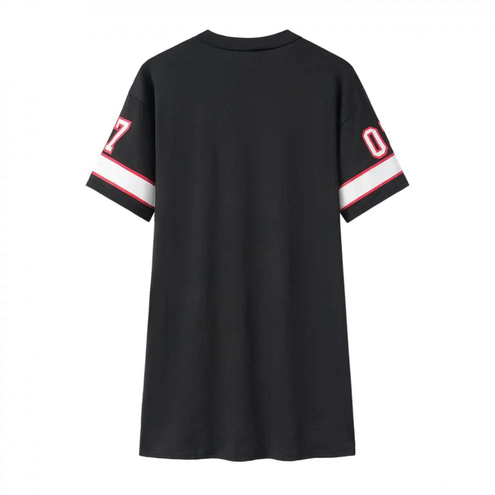 Back view of the black QUEEN 07 dress showing its plain back and striped short sleeves.