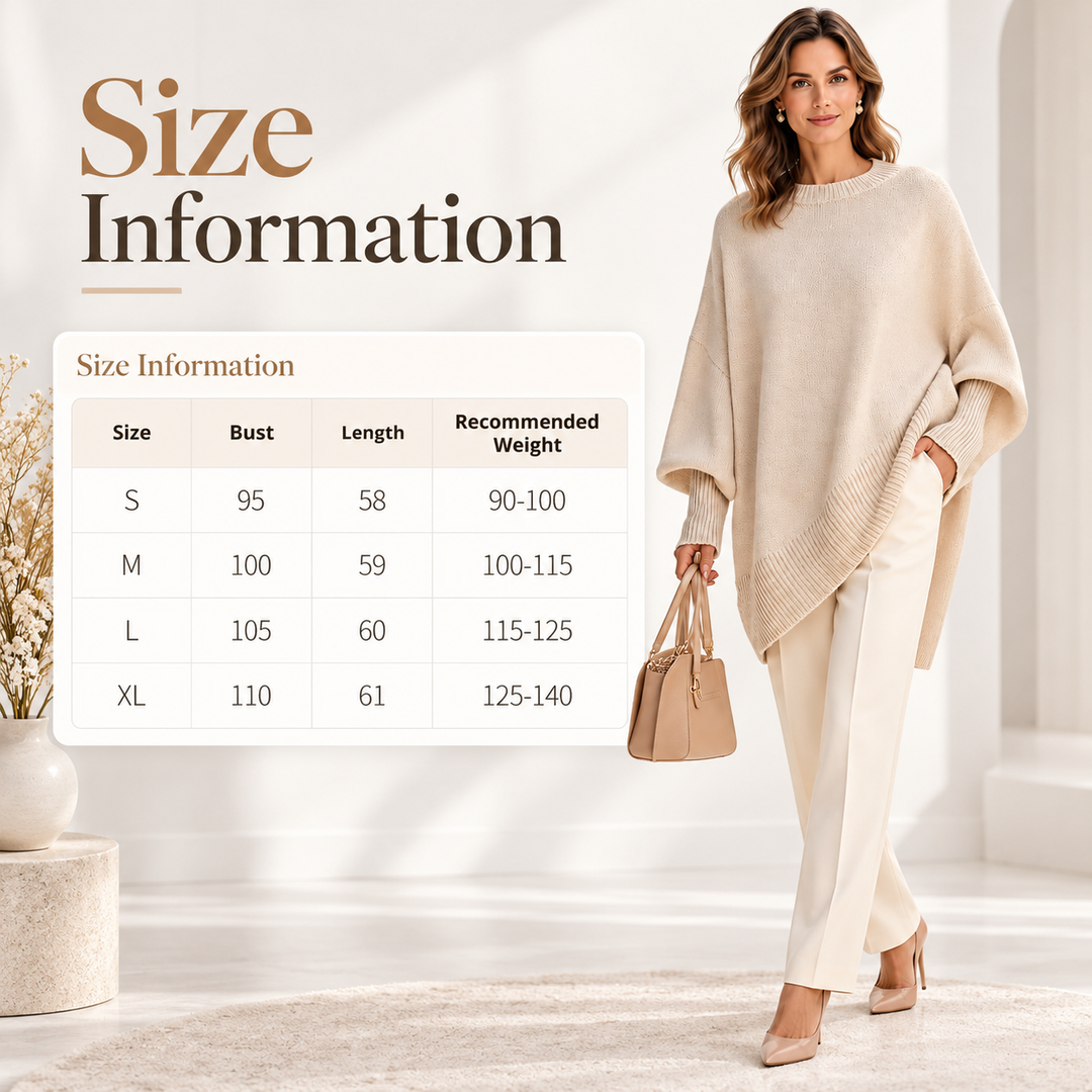Size information graphic for a knit poncho-style top, showing a size table from S to XL with bust, length, and recommended weight, alongside a model wearing the top in a warm neutral room.