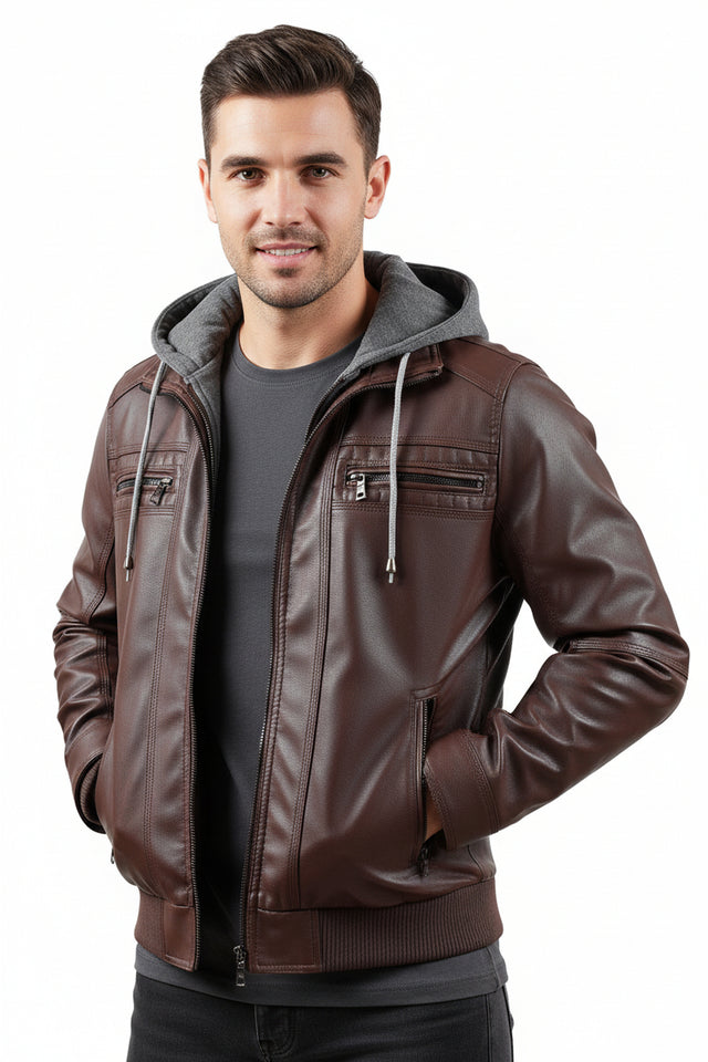 Men’s Hooded PU Leather Jacket With Zipper Pockets