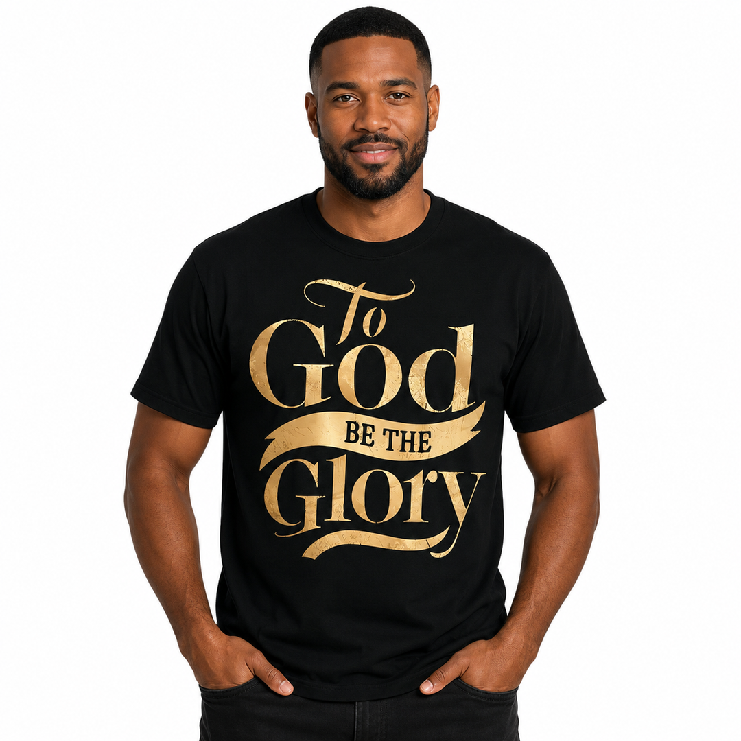 To God Be The Glory T-Shirt with gold lettering on black fabric, styled as a casual summer tee for women and men daily outfit