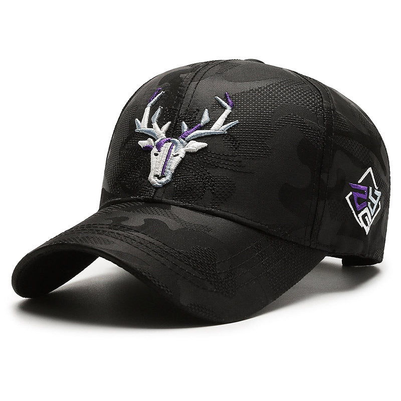 Stacked white and black embroidered elk peaked caps showing color options summer 2024