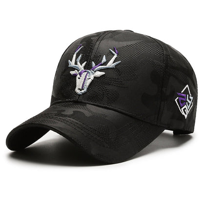 Stacked white and black embroidered elk peaked caps showing color options summer 2024