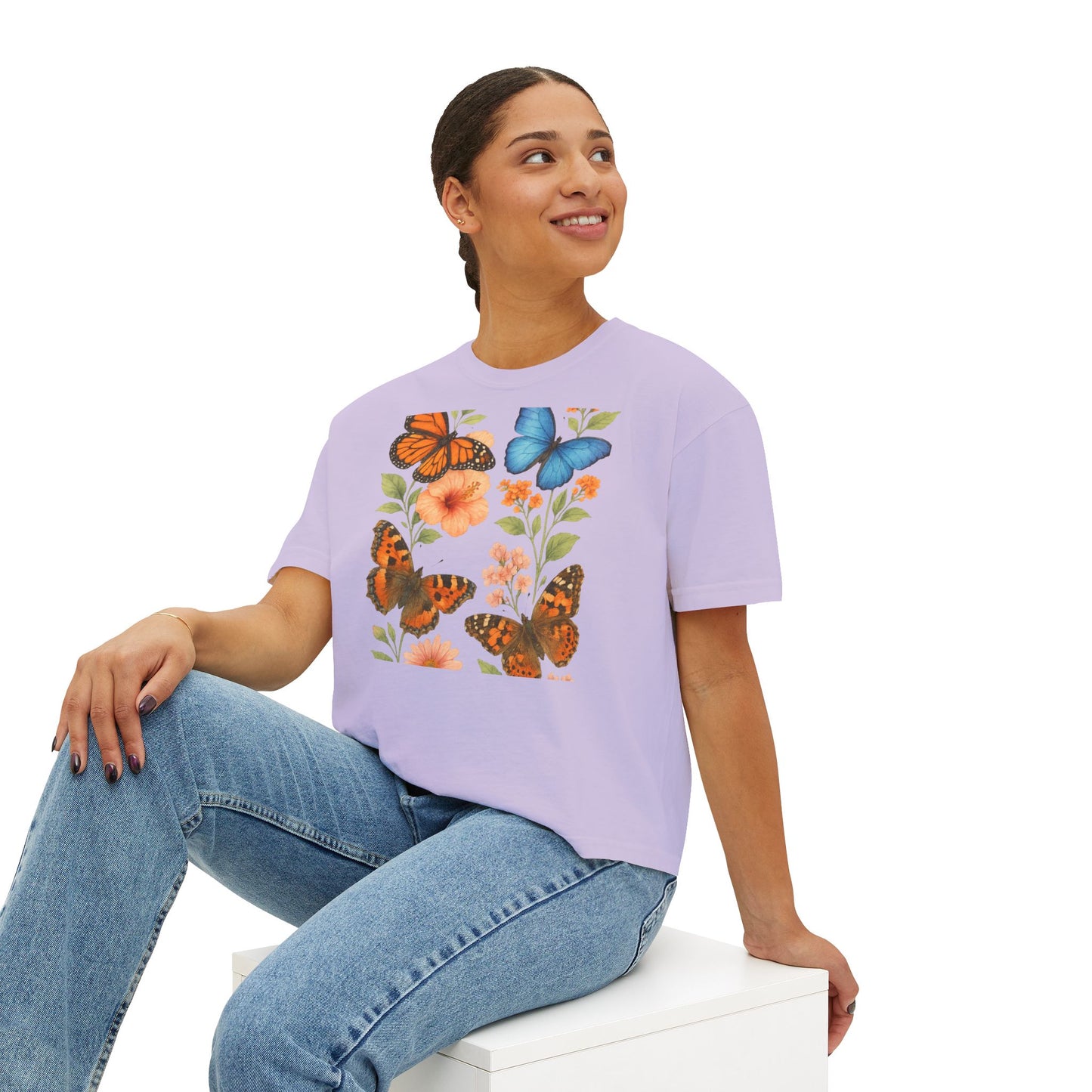 Butterfly Floral Women’s Boxy Tee – Vintage Style