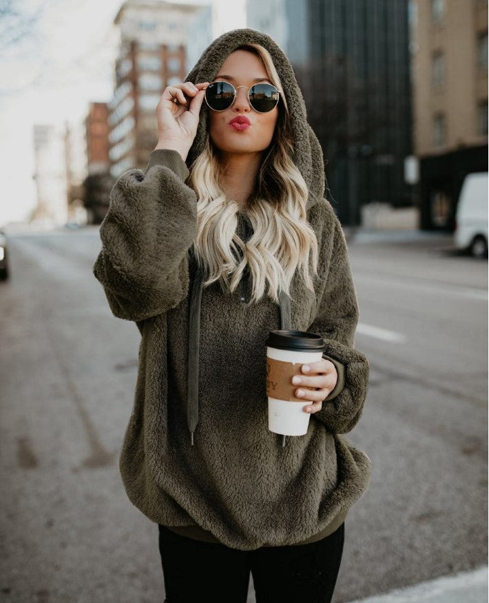 women’s fleece hoodie brown warm fleece interior winter commute context