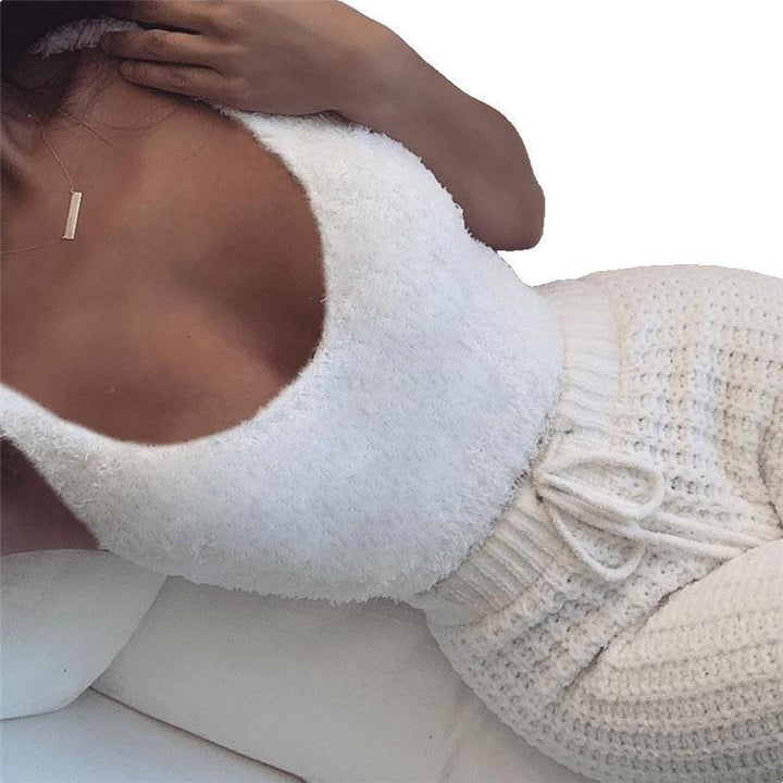Three-piece homewear set with velvet material, white belt detail and color choices - For online buyer reference at PrintOne1.
