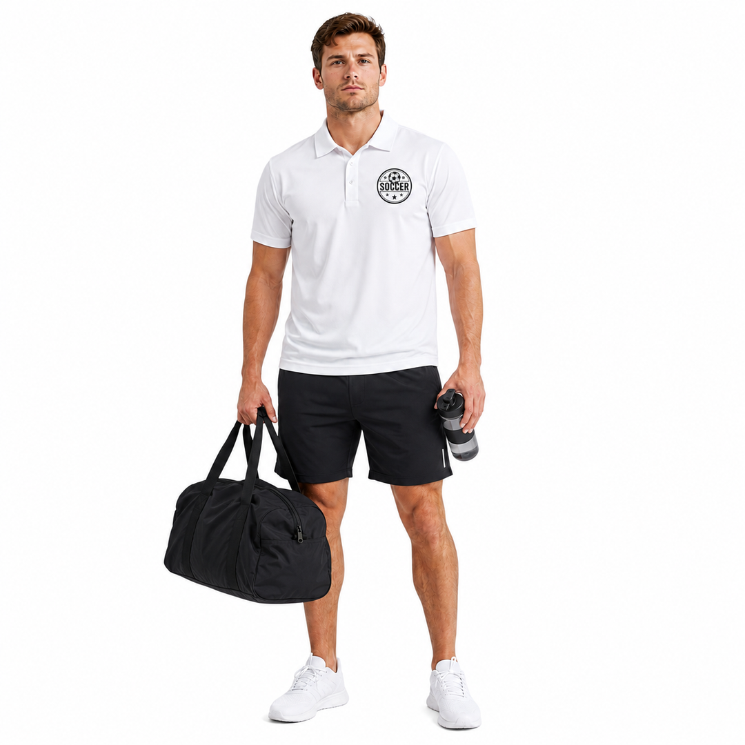 Men white athletic polo with soccer chest print, refined collar, short sleeve design and simple clean online store view style