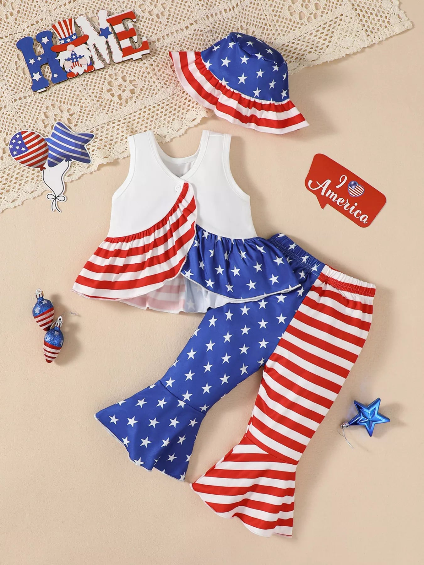 kids patriotic outfit set three-piece ruffled tank pants and hat soft stretch fabric for all-day play on holidays
