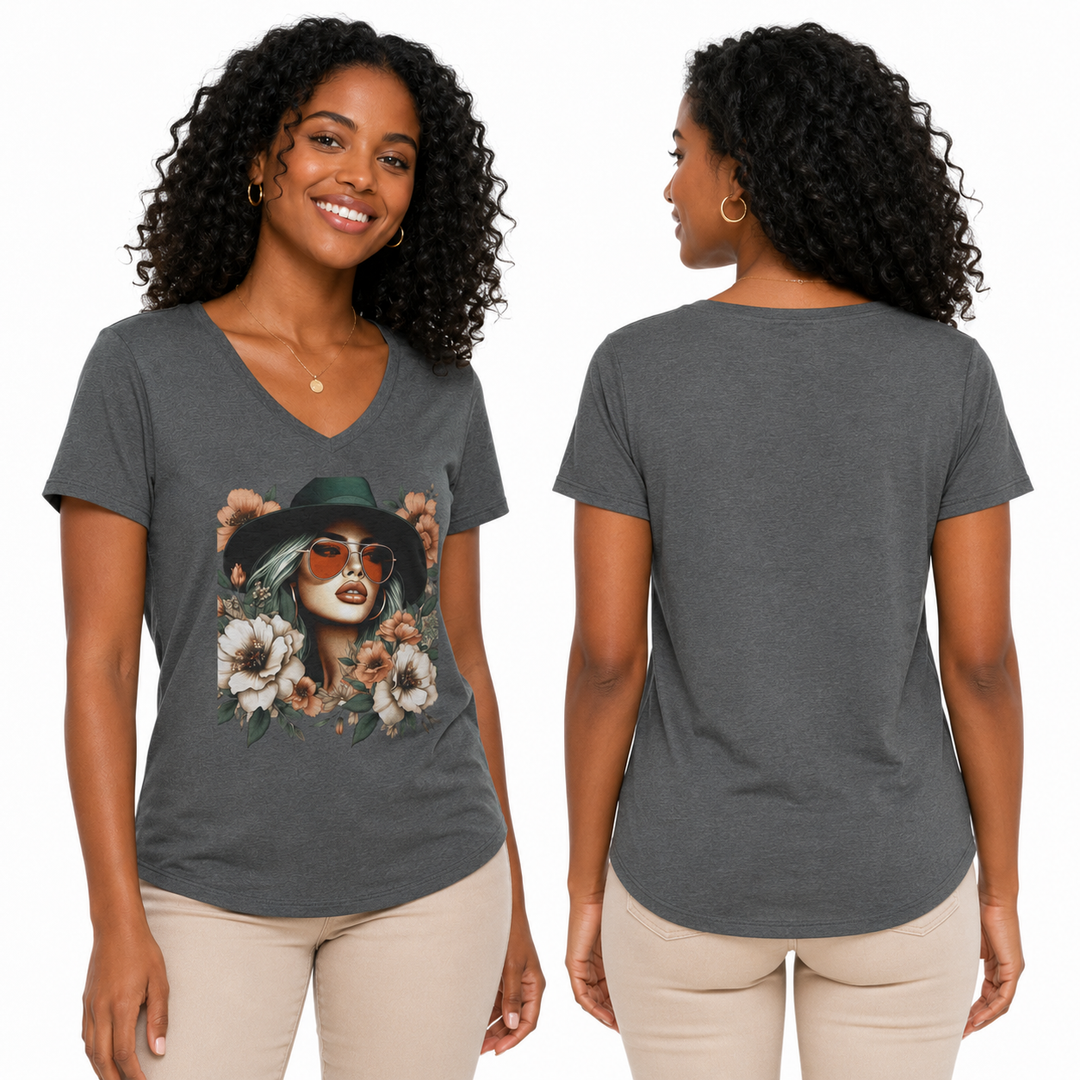 Floral T Shirt Women - Cotton V-Neck Floral Graphic Tee