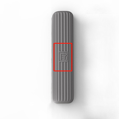 Gray textured bar with a red square highlighting a brand logo on a white background
