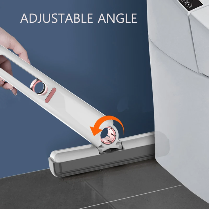 Adjustable angle cleaning tool being used on a floor with a blue background