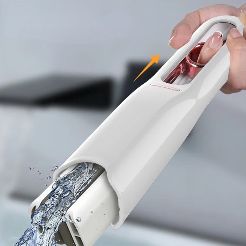 Hand holding a white water faucet with water flowing, on a light gray background