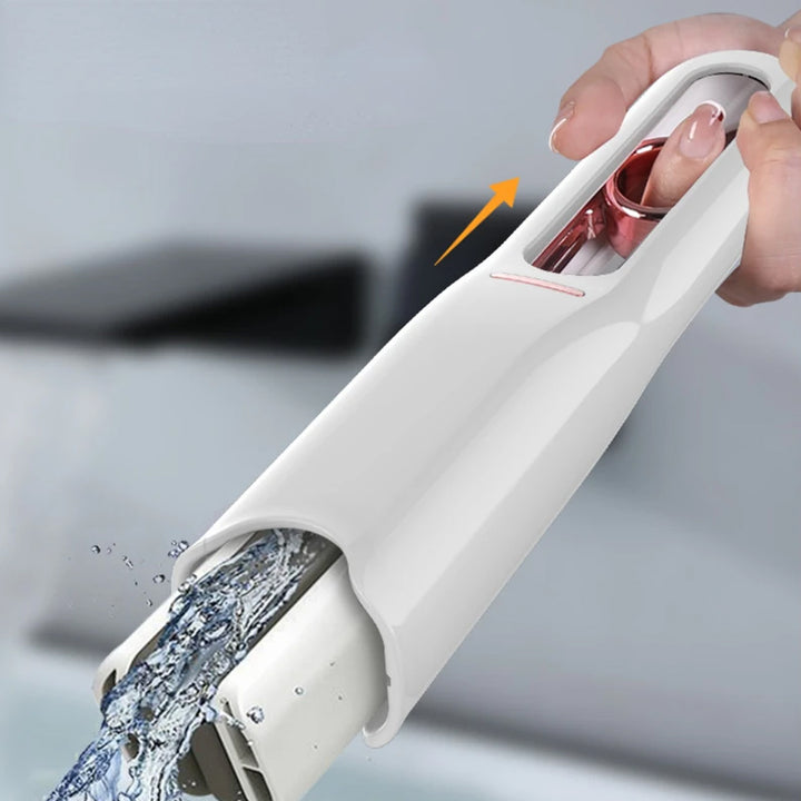 Hand holding a white water faucet with water flowing, on a light gray background