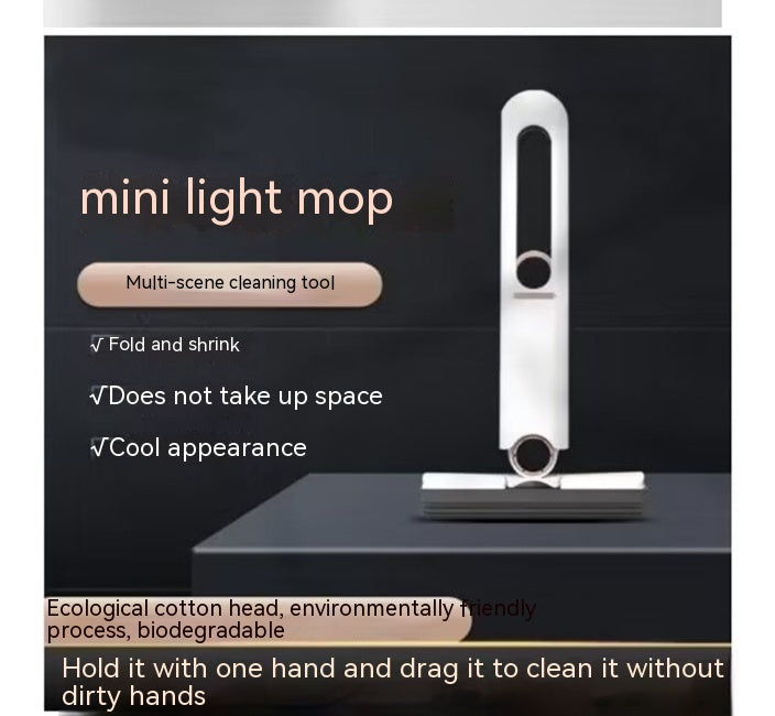 Mini light mop with features listed on a dark background