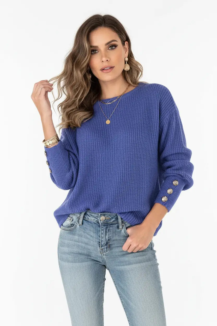 Women’s Long Sleeve Round Neck Button Knit T-Shirt loose fit profile view highlighting clean lines and soft fabric finish