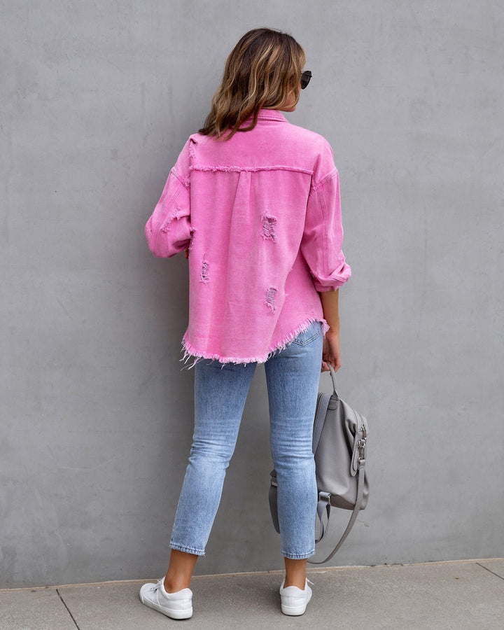 fashion ripped shirt jacket distressed texture detail modern womens everyday jacket style