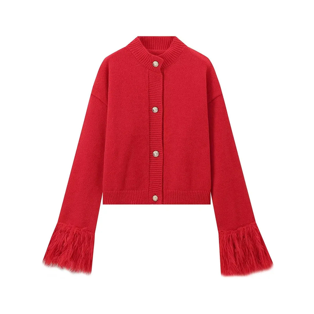Red feather-trim cardigan with four gold-tone buttons, complete front flat view