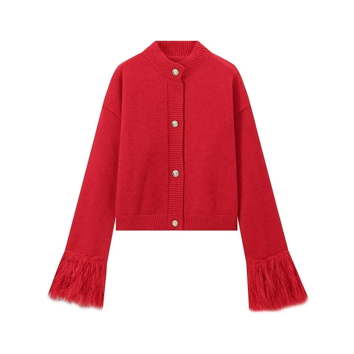 Red feather-trim cardigan with four gold-tone buttons, complete front flat view