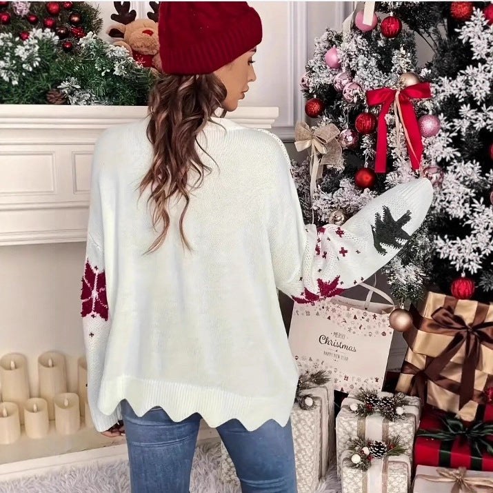 Back view printed holiday knit sweater women relaxed fit drop shoulder design