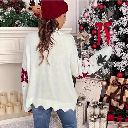Back view printed holiday knit sweater women relaxed fit drop shoulder design