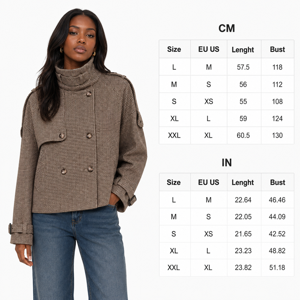 Women's dark brown houndstooth coat with a relaxed silhouette, regular sleeves, button detail, and medium polyester thickness